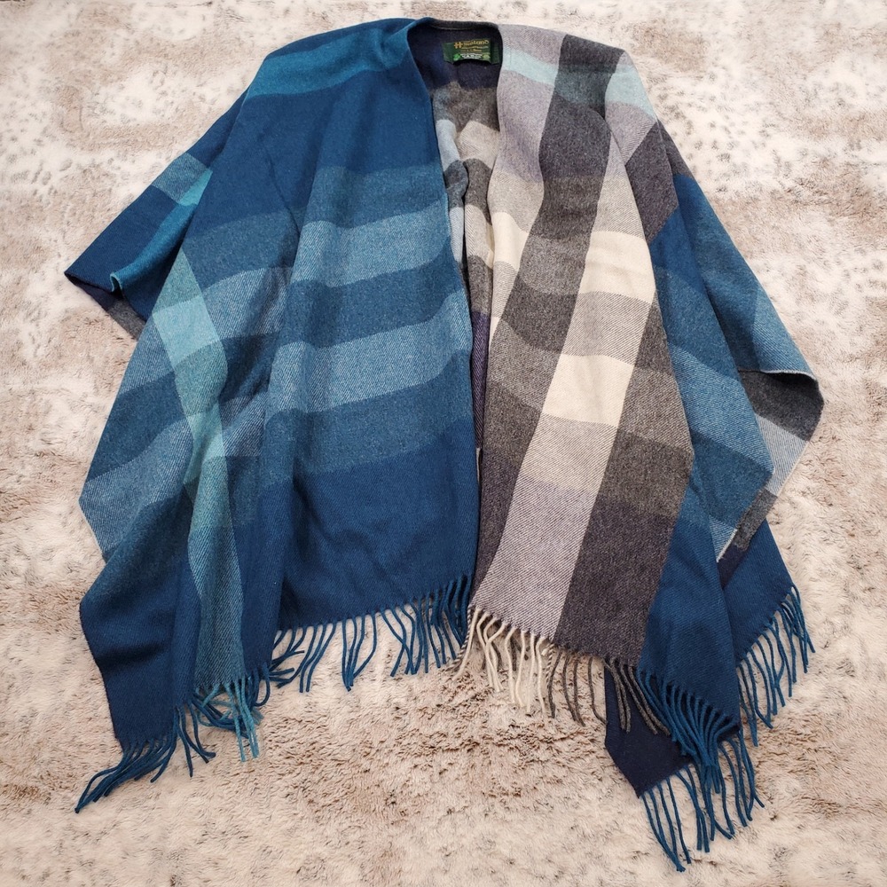 NEW LL Bean Women's One Size Ireland Poncho Scarf Mallard Teal Check Lambswool